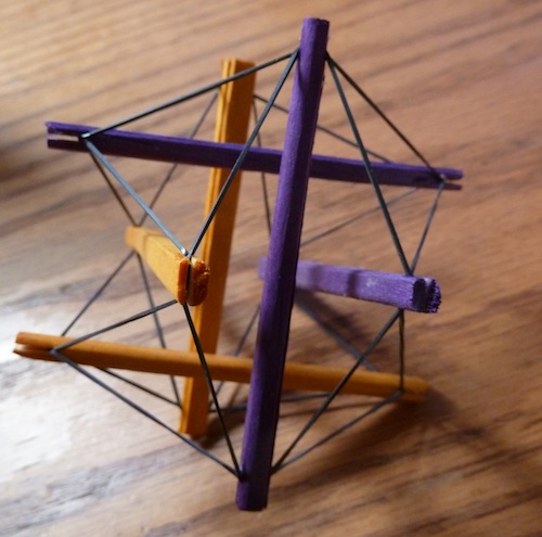 Icosahedron Tensegrity in yellow and purple